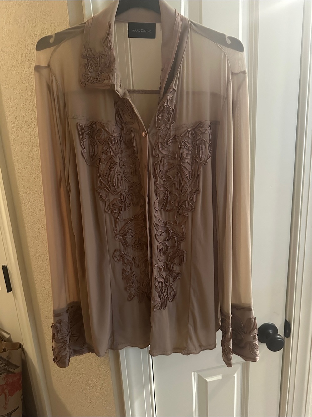 Mark Zunino Embroidered Sheer Button-Up Blouse - Taupe